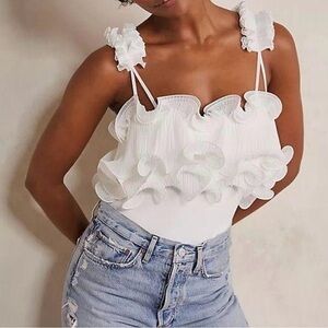 Free People White Ruffled For The Frill of It Bodysuit